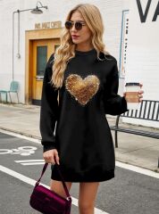 Kadın Uzun Kollu Bisiklet Yaka Kalp Desenli Viskon Iki Iplik Bluz