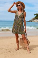 Kadın Kısa Kollu Dantel V Yakalı Desenli Süprem Elbise