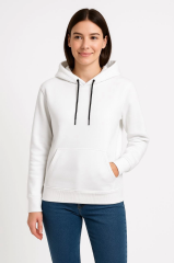 Üç İplik Kapüşonlu Kanguru Çepli SweatShirt Hoodie - Beyaz
