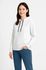 Üç İplik Kapüşonlu Kanguru Çepli SweatShirt Hoodie - Beyaz