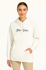Üç İplik Kapşonlu ön Ve Arka Baskılı SweatShirt Hoodie- Beyaz
