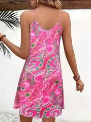 Kadın Ip Askılı V Yakalı Desenli Kısa Süprem Mini Elbise