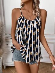 Kadın Askılı Yuvarlak Yaka Desenli Süprem Bluz