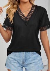 Kadın Kısa Kollu V Yaka Dantel Yakalı Viskon Bluz