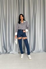 Mavi Askılı İki Parça Jeans Pantolon