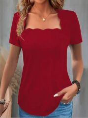 Kadın Kısa Kollu Kare Lazer Yakalı Janjan Krep Bluz