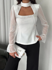 Kolları Şifon Göğüste İnci Boncuk Detaylı Bluz - Beyaz