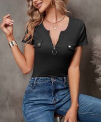 Kadın Kısa Kollu Fermuarlı Cep Detay Kaşkorse Bluz
