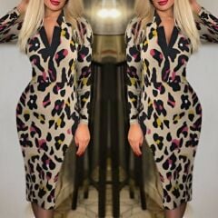 Kadın Uzun Kollu V Yaka Puantiyeli Krep Midi Boy Elbise