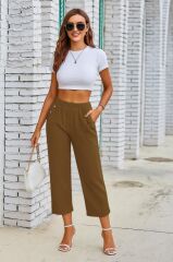 Kadın Beli Lastikli Düğme Ve Cep Detaylı Kapri Ithal Keten Pantolon