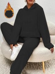 Kadın Uzun Kollu Kapşonlu önden Cepli Peluş Alt Ve üst Ikili Takım
