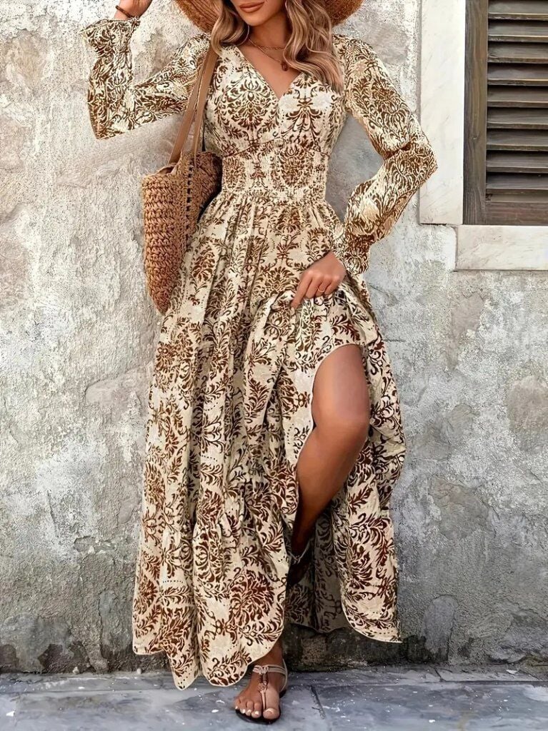 Kadın Uzun Kollu V Yakalı Desenli Süprem Elbise