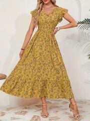 Kadın Kısa Kollu Kruvaze Yaka Beli Lastikli çiçek Desenli Elbise