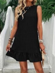 Kadın Kolsuz Bisiklet Yaka Fırfırlı Sofya Elbise