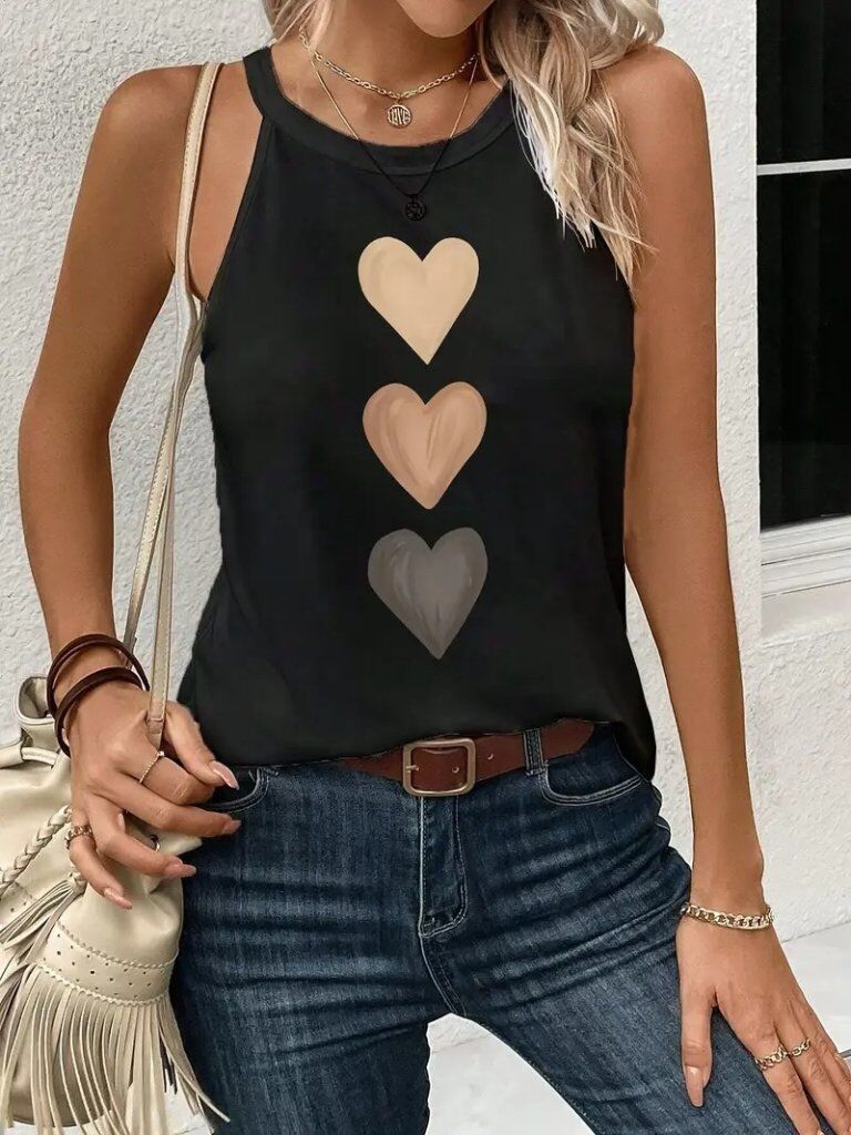 Kadın Omuzlardan Açık Boyundan Askılı Kalp Baskılı Viskon Bluz