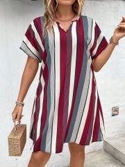 Kadın Kısa Kollu V Yakalı çizgi Baskılı Süprem Elbise