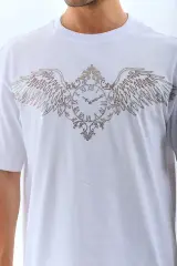 Unisex Oversize Taşlı Bisiklet Yaka T-Shirt - Beyaz