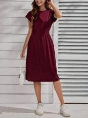 Kadın Kısa Kollu Bisiklet Yaka Belden Lastikli Midi Viskon Elbise