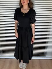 Kadın Kısa Kollu Yakası Açık Katlı Bürümcük Balon Elbise