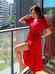 Kadın Kısa Kollu Yakası Açık Katlı Bürümcük Balon Elbise