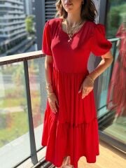 Kadın Kısa Kollu Yakası Açık Katlı Bürümcük Balon Elbise