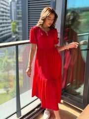 Kadın Kısa Kollu Yakası Açık Katlı Bürümcük Balon Elbise