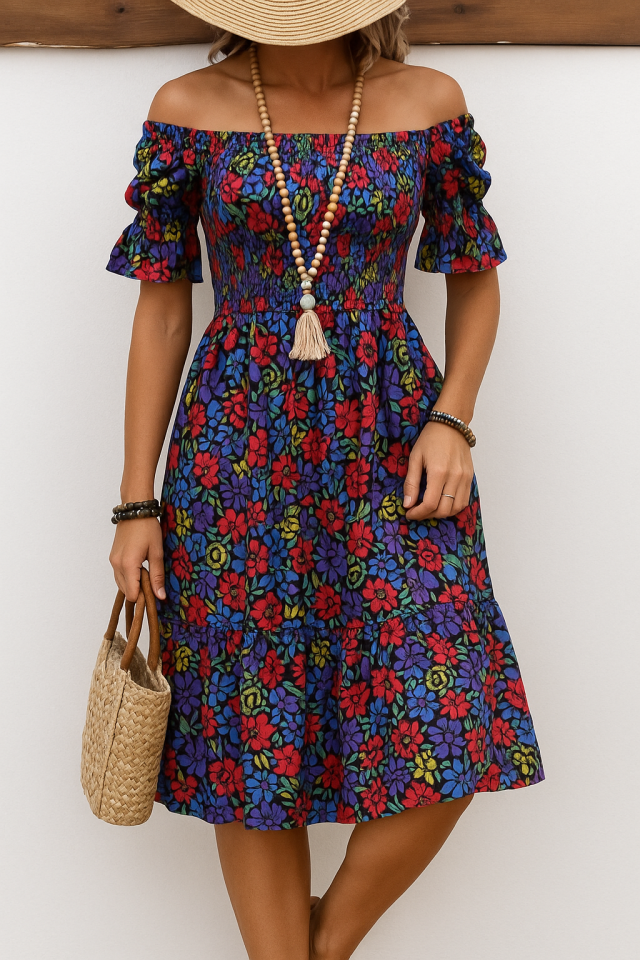 Kadın Kısa Kollu Kare Yakalı Beli Lastikli çiçek Desenli Mini Süprem Elbise