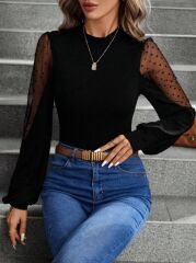 Kadın Uzun Kollu Yarı Balıkçı Yaka Kolları Tül Detaylı Ithal Krep Bluz