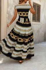 Kadın Kısa Kollu Kruvaze Yaka Beli Lastikli Süprem Maksi Boy Elbise