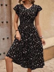 Kadın Kısa Kollu V Yakalı Beli Lastikli çiçek Desenli Süprem Elbise