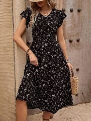 Kadın Kısa Kollu V Yakalı Beli Lastikli çiçek Desenli Süprem Elbise