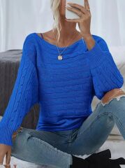 Kadın Uzun Kollu Yakası Açık Saç örgü Desenli Triko Bluz
