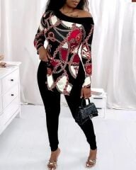 Kadın Uzun Kollu Zincir Desen Tek Omuz Düşük Mikro Bluz