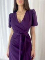 Kadın Kruvaze Yaka Midi Boy Kuşaklı Krep Elbise 120 Cm