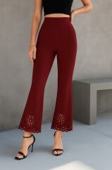 Kadın Yüksek Bel Paçaya Doğru Genişleyen Lazer çiçek Kesim Detaylı Ithal Krep Pantolon