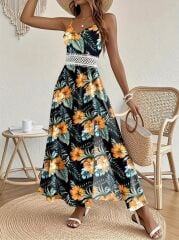 Kadın Ip Askılı V Yakalı Bel Güpür çiçek Desenli Yandan Yırtmaçlı Maksi Süprem Elbise