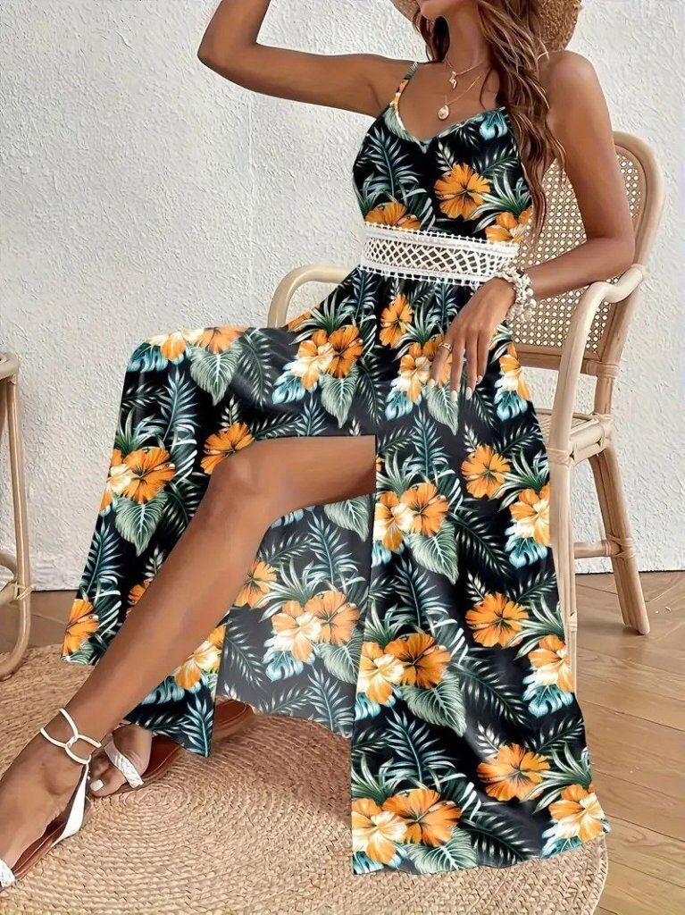 Kadın Ip Askılı V Yakalı Bel Güpür çiçek Desenli Yandan Yırtmaçlı Maksi Süprem Elbise