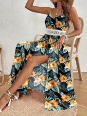 Kadın Ip Askılı V Yakalı Bel Güpür çiçek Desenli Yandan Yırtmaçlı Maksi Süprem Elbise