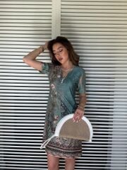 Kadın Kısa Kollu V Yakalı çiçek Baskılı Midi Süprem Elbise