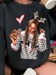 Kadın Yılbaşı özel Uzun Kollu Bisiklet Yaka Desenli Viskon Iki Iplik Bluz