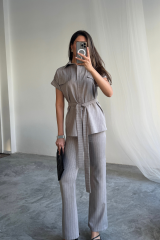 ÇİZGİLİ POLYVİSKON BLUZ - PANTOLON TAKIM - Gri