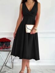 Kadın Ithal Krep Kumaş Kruvaze Yaka Eteği Kloş Kolsuz Mini Elbise