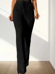 Kadın Yüksek Bel Bağcıklı Desenli Triko Plaj Pantolon