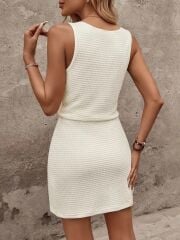 Kadın Askılı Kare Yakalı Belden Bağcıklı Triko Elbise