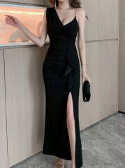 Kadın Ip Zincir Askılı Kruvaze Yakalı önden Fırfırlı Yırtmaçlı Janjan Krep Elbise