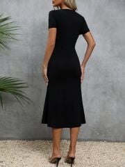 Kadın Kısa Kollu Kare Yakalı Ip Detaylı Janjan Krep Elbise