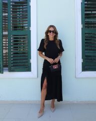 Kadın Kısa Kollu Bisiklet Yakalı Yandan Yırtmaçlı Büzgülü Janjan Krep Elbise