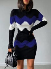 Kadın Uzun Kollu Zigzag Desen Triko Elbise