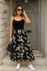 Kadın Ip Askılı Yuvarlak Yaka Belden Dantelli Desenli Yırtmaçlı üst Viskon Alt Süprem Midi Elbise