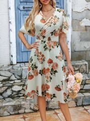 Kadın Kısa Kollu Kruvaze Yakalı Desenli Süprem Kısa Elbise